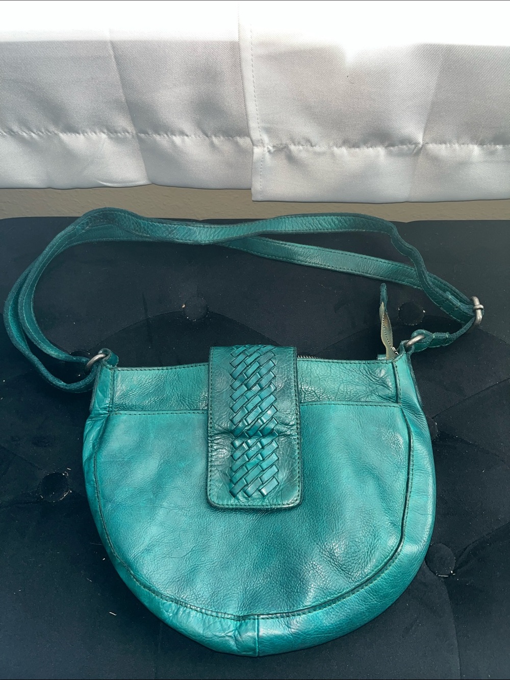 Vintage Teal Leather Woven-Flap Crossbody Bag